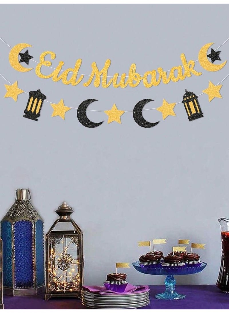 Eid Decoration Paper Banner Eid Mubarak with Moon Stars and Lanterns Elegant Gold and Black Hanging Party Decor - Image 1